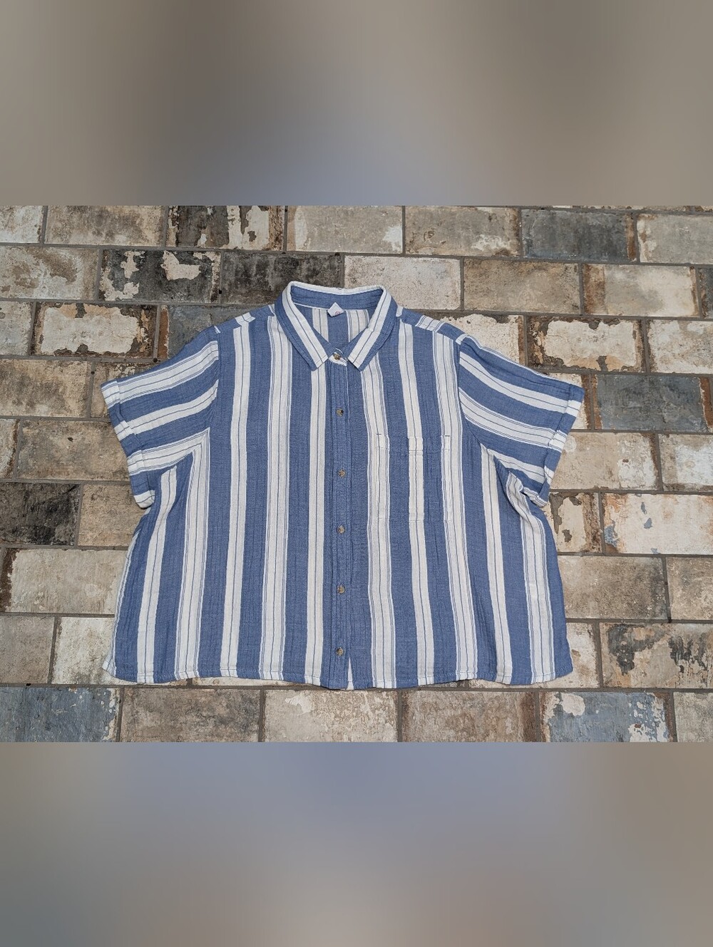 Old Navy Blue & White Striped Crinkle Cotton Gauze Short-Sleeve Button-Down XL